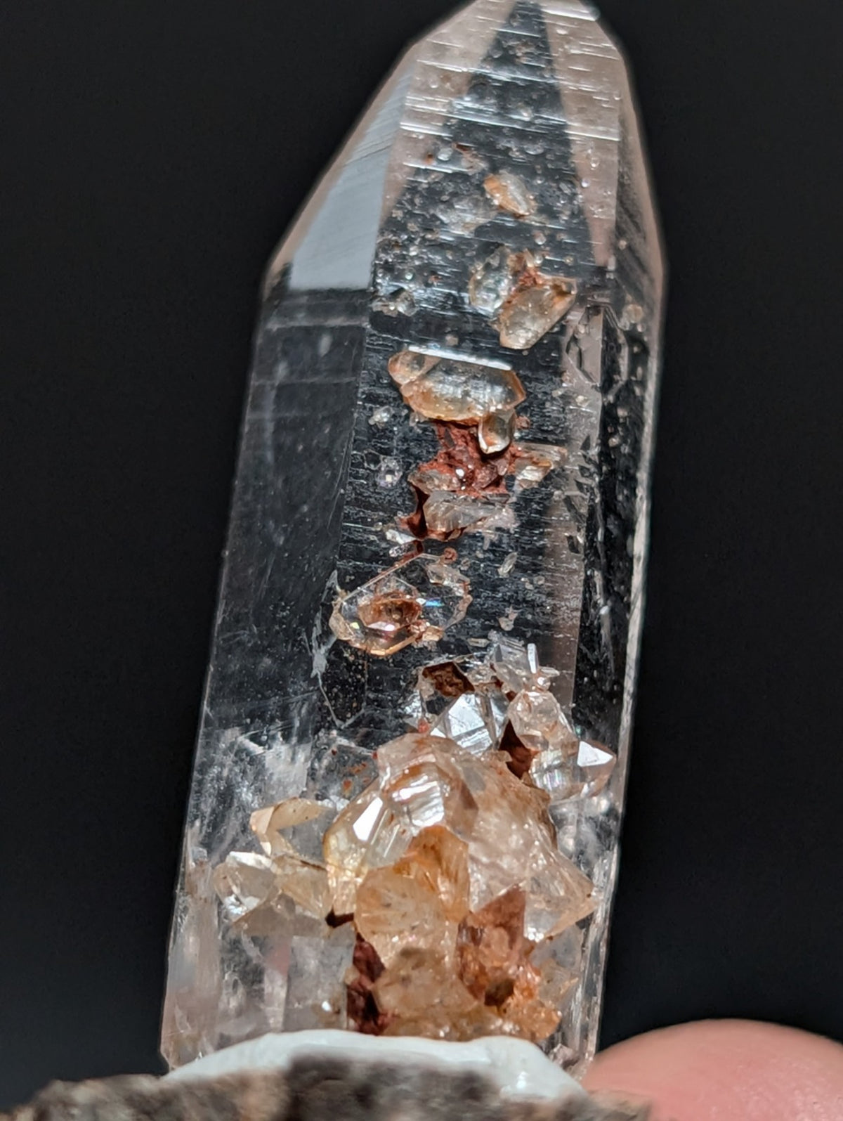 A+ Clear Quartz Crystal Point, Montgomery County, Arkansas, w/ natural wood base