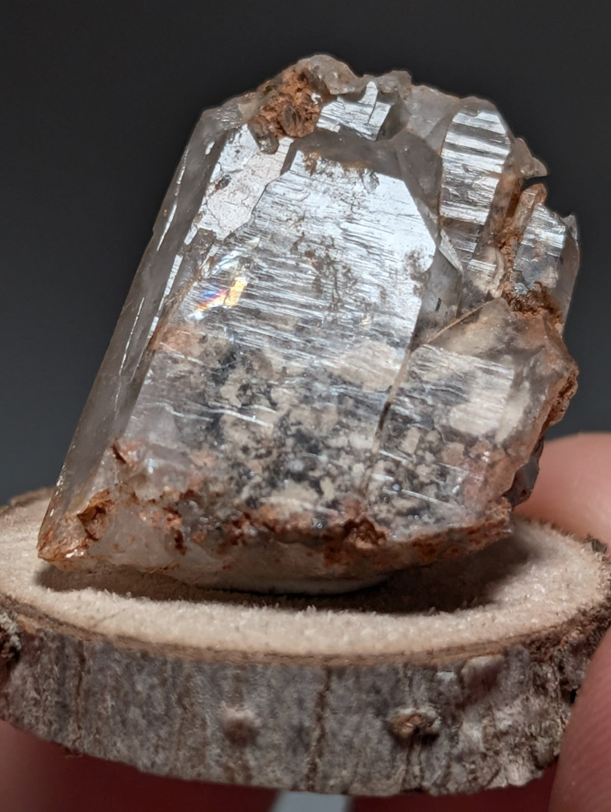 Nacrite + Manganese included Quartz Crystal Point, Arkansas, w/ wood base