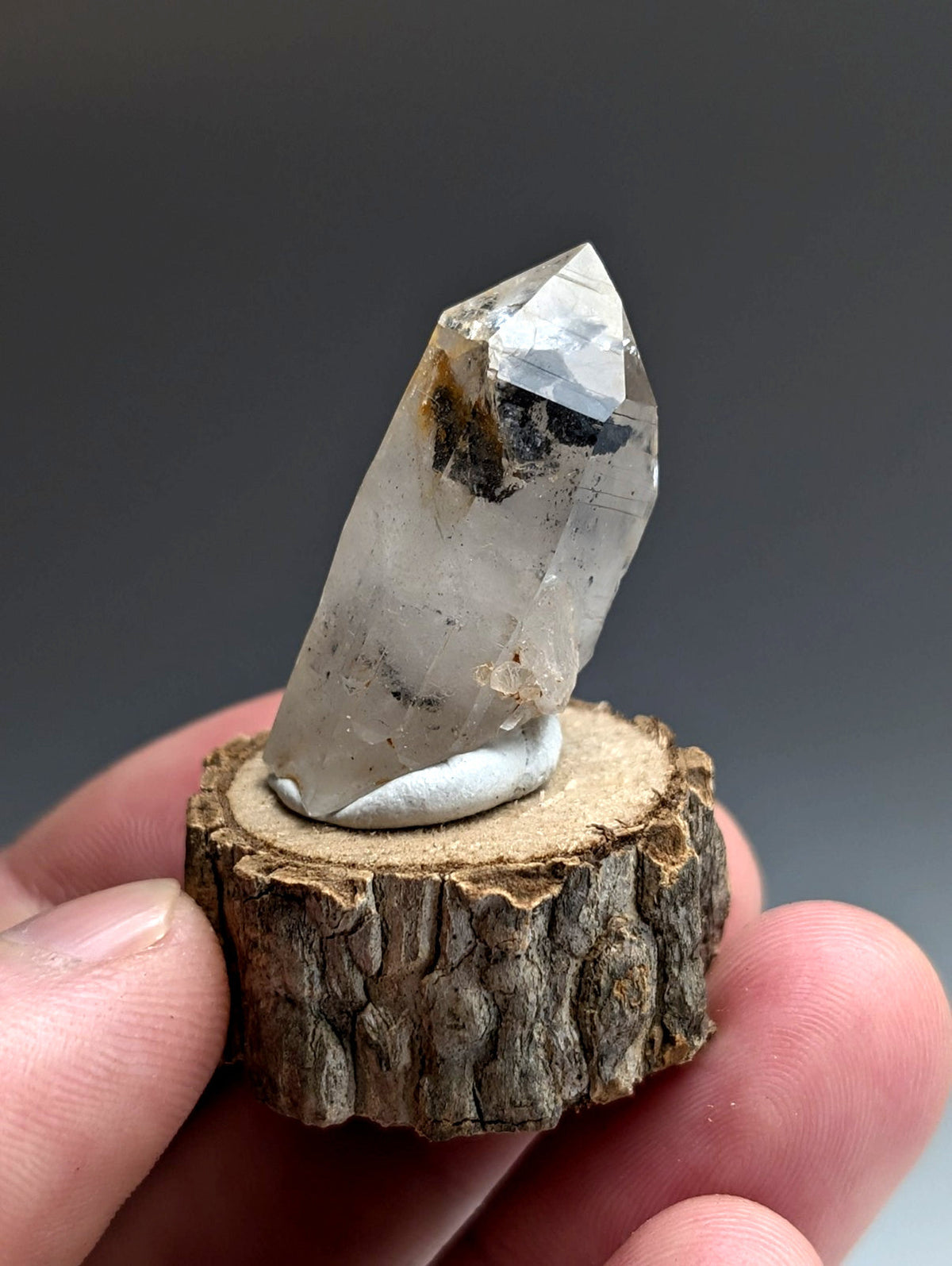 A+ Unique Quartz, Old Stock, Montgomery County, Arkansas, w/ natural wood base