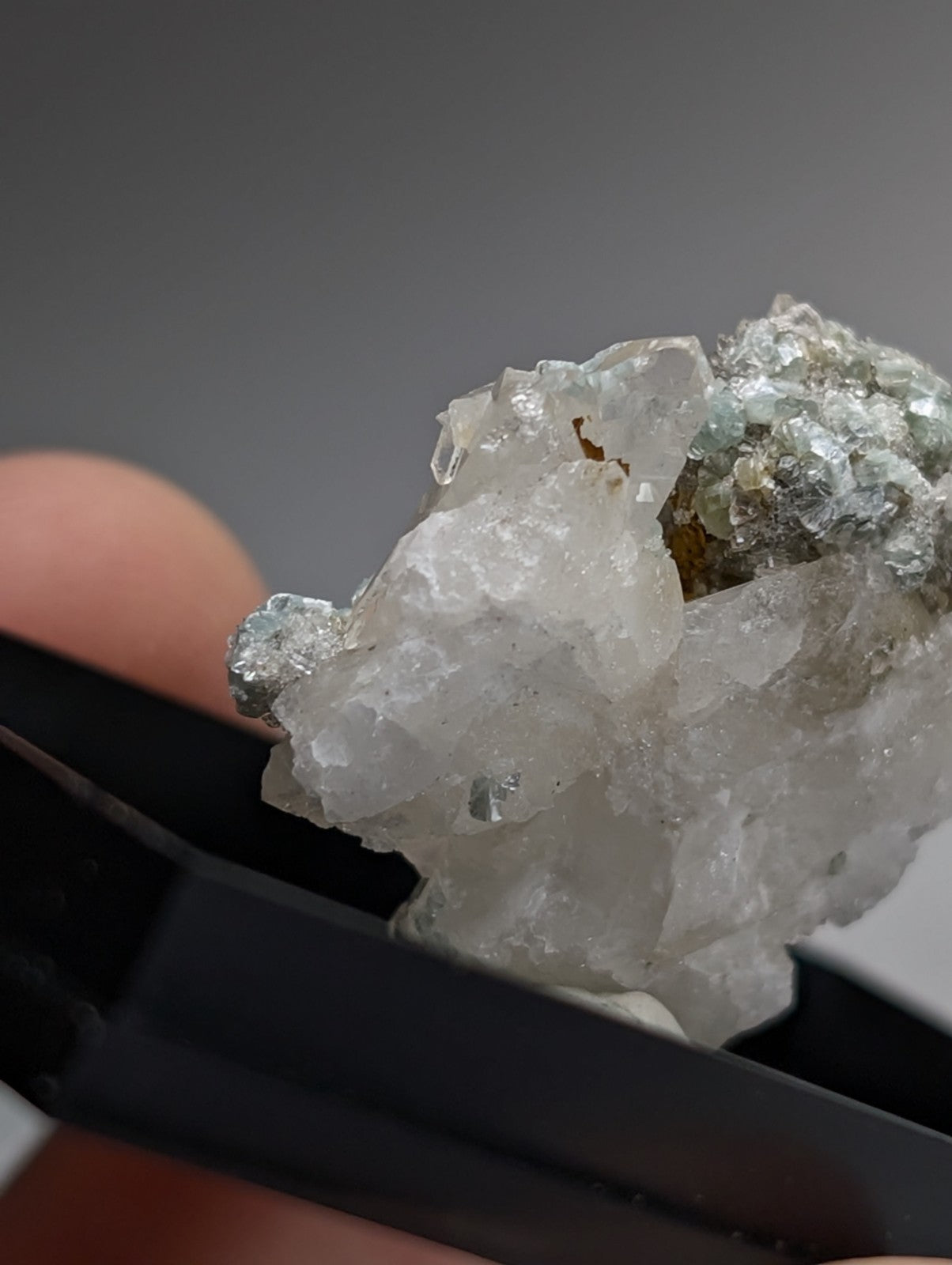 Blue-Green Cookeite on Quartz, Saline County, Arkansas, Old Stock, w/ photo case