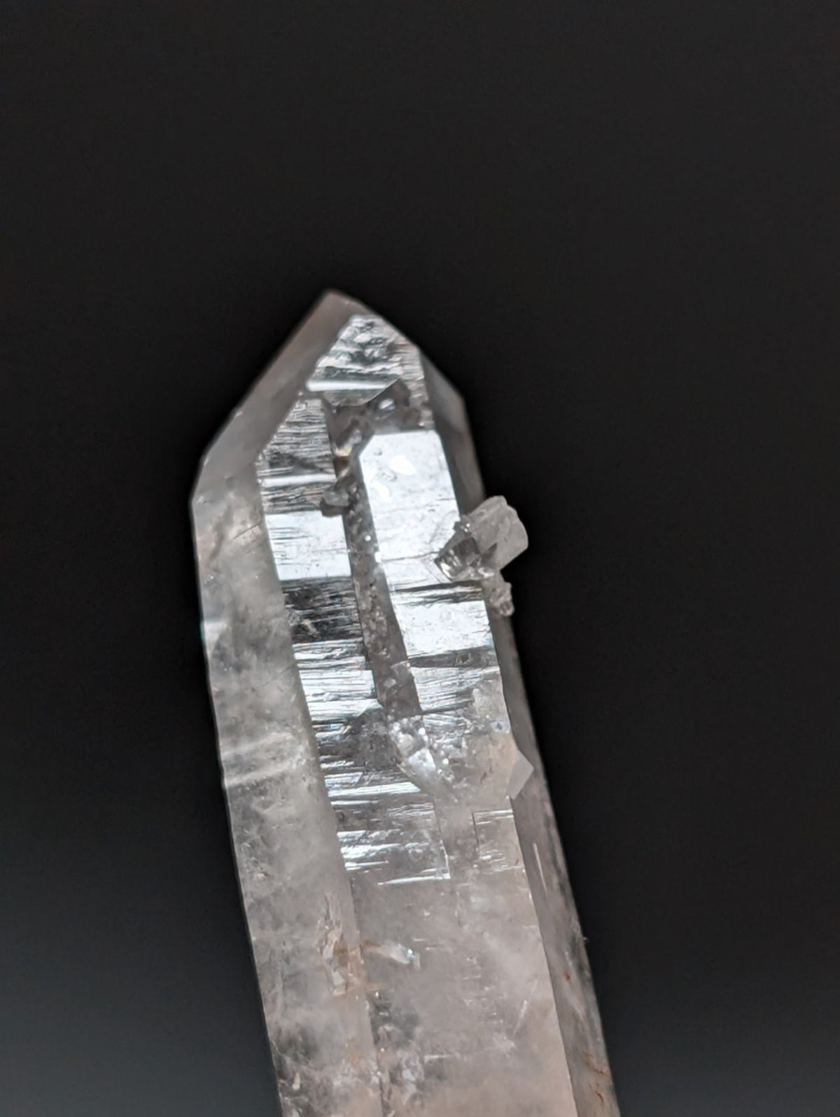 A+ Quartz Crystal Point, Montgomery County, Arkansas, w/ natural wood base