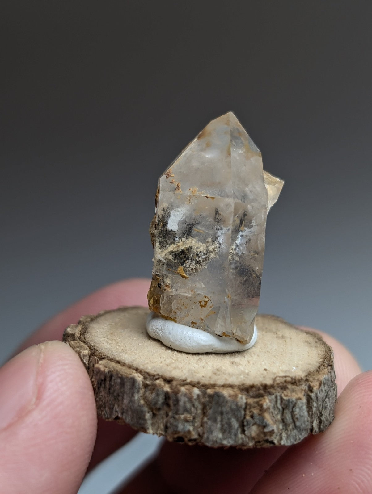 Nacrite + Manganese included Quartz Crystal Point, Arkansas, w/ wood base