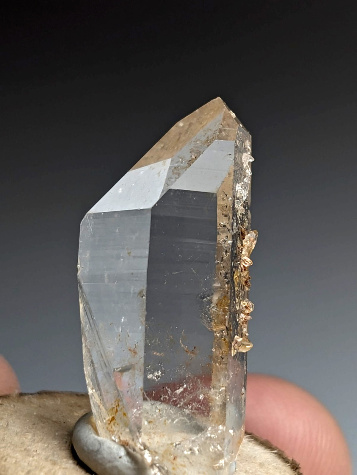 Optical Quartz Crystal Point, Montgomery County, Arkansas, USA, w/ wood mount