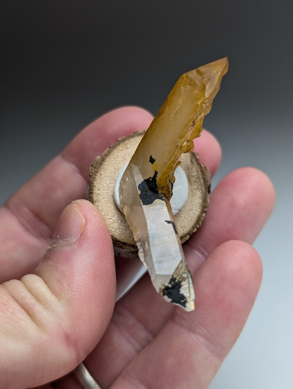 A+ Unique Quartz, Old Stock, Montgomery County, Arkansas, w/ natural wood base