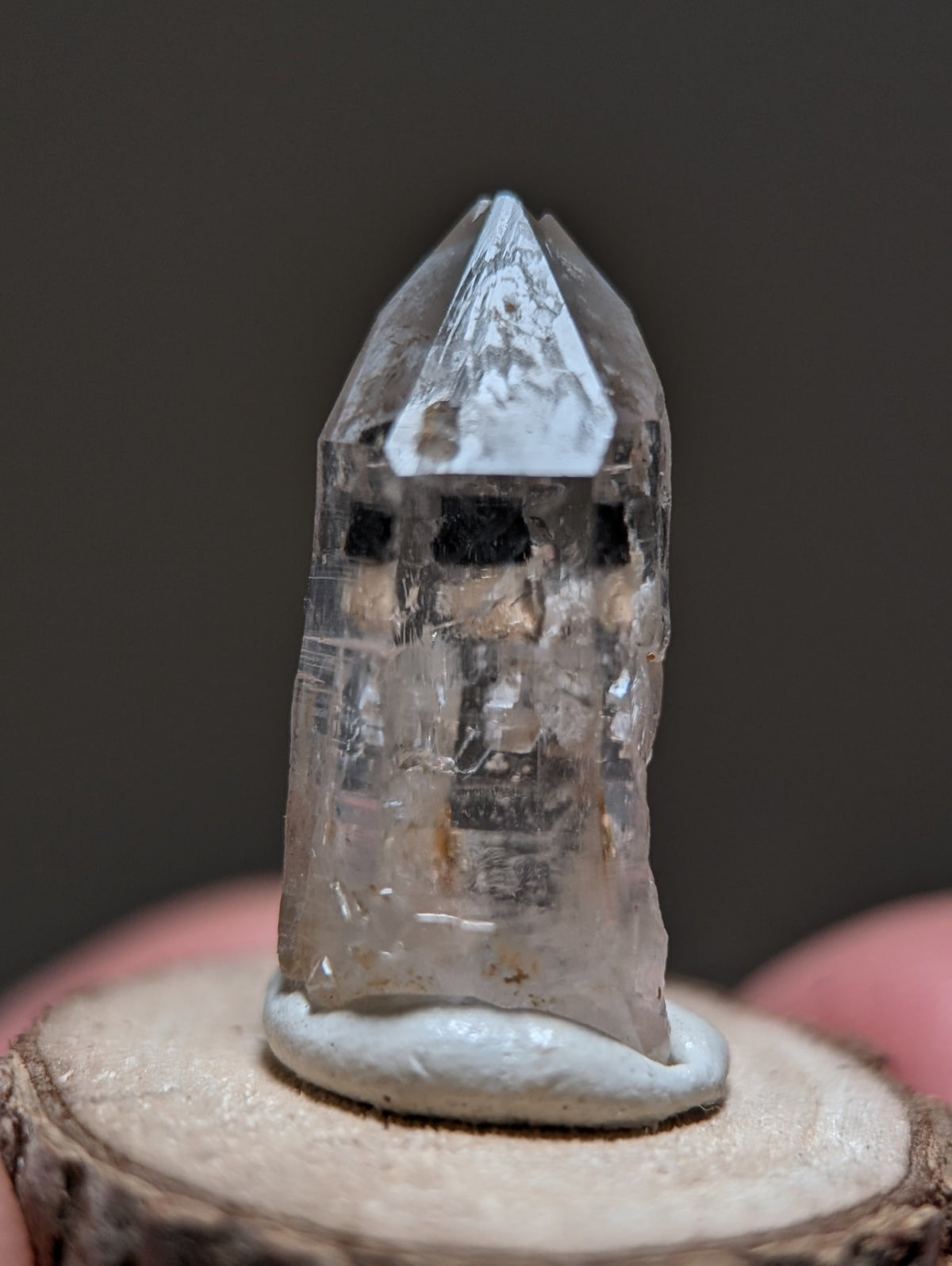Nacrite + Manganese included Quartz Crystal Point, Arkansas, w/ wood base