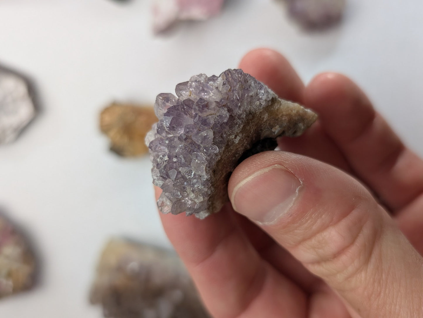 Amethyst, Tourmaline, Apatite, Pyrophyllite, Lepidolite, Flat of 9 OOAK Minerals
