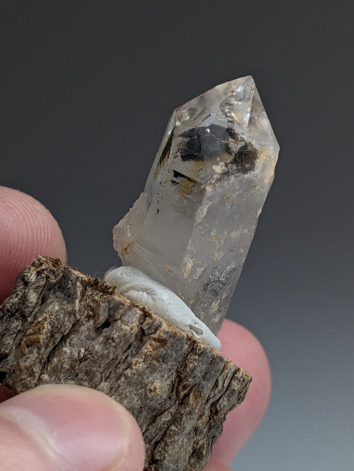 A+ Unique Quartz, Old Stock, Montgomery County, Arkansas, w/ natural wood base