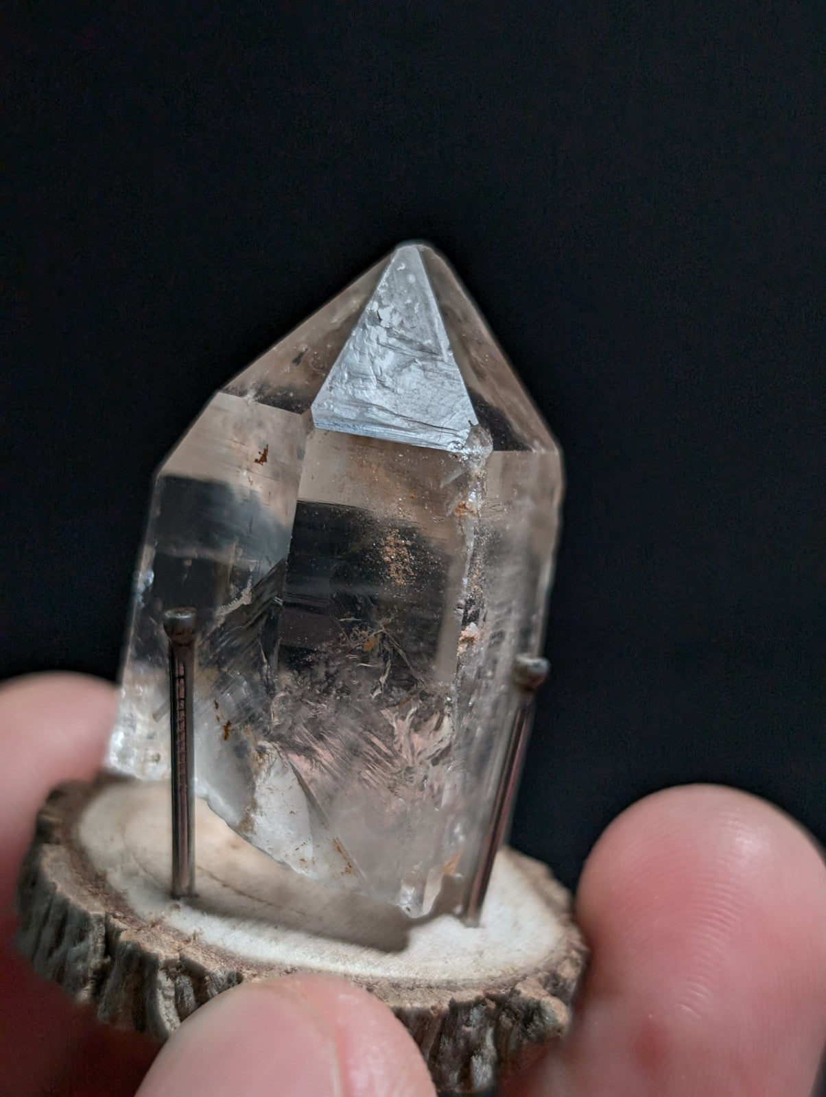 A+ Nacrite Phantom Quartz, Old Stock, Montgomery County, Arkansas, w/ wood base