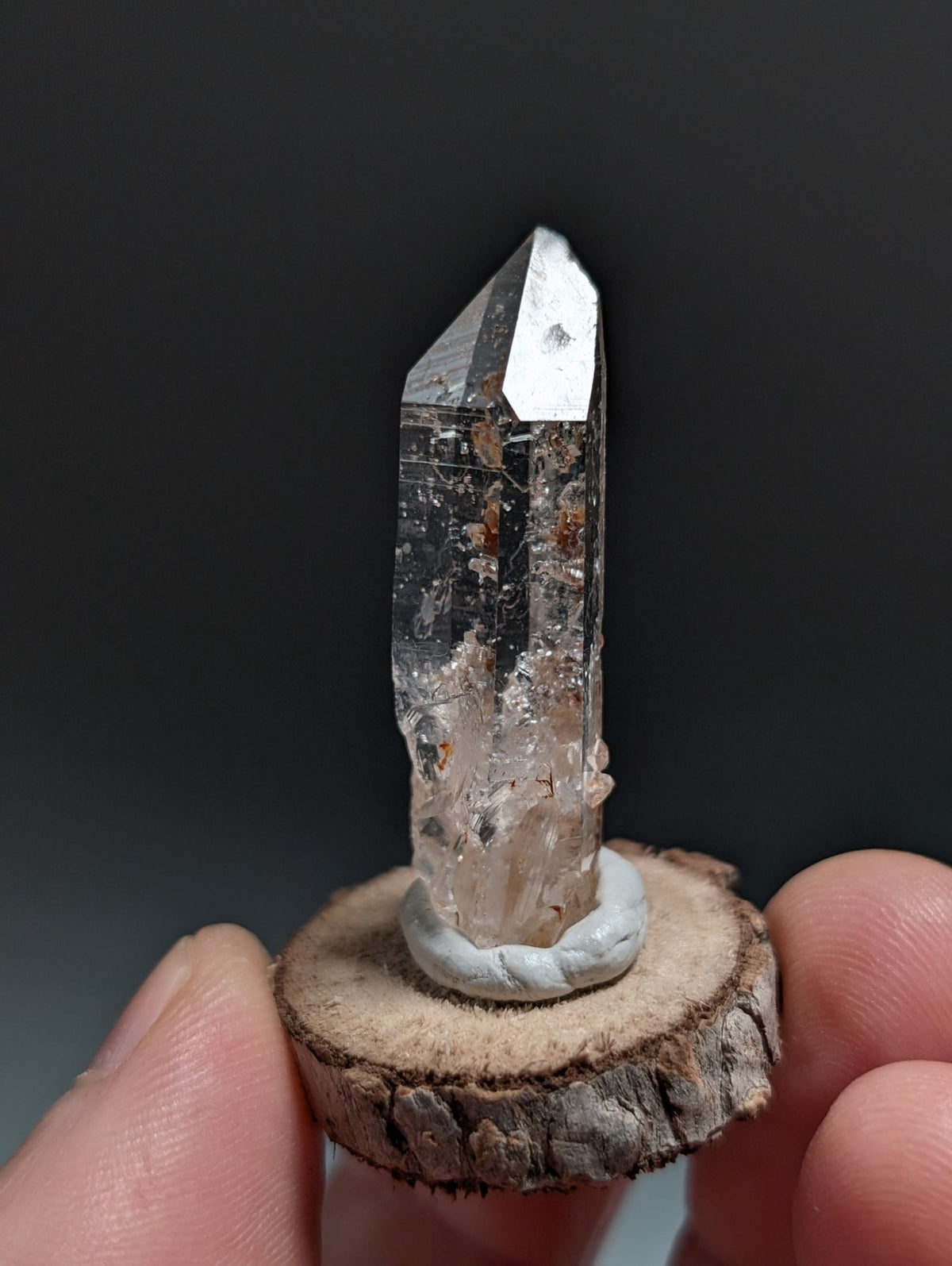 A+ Clear Quartz Crystal Point, Montgomery County, Arkansas, w/ natural wood base