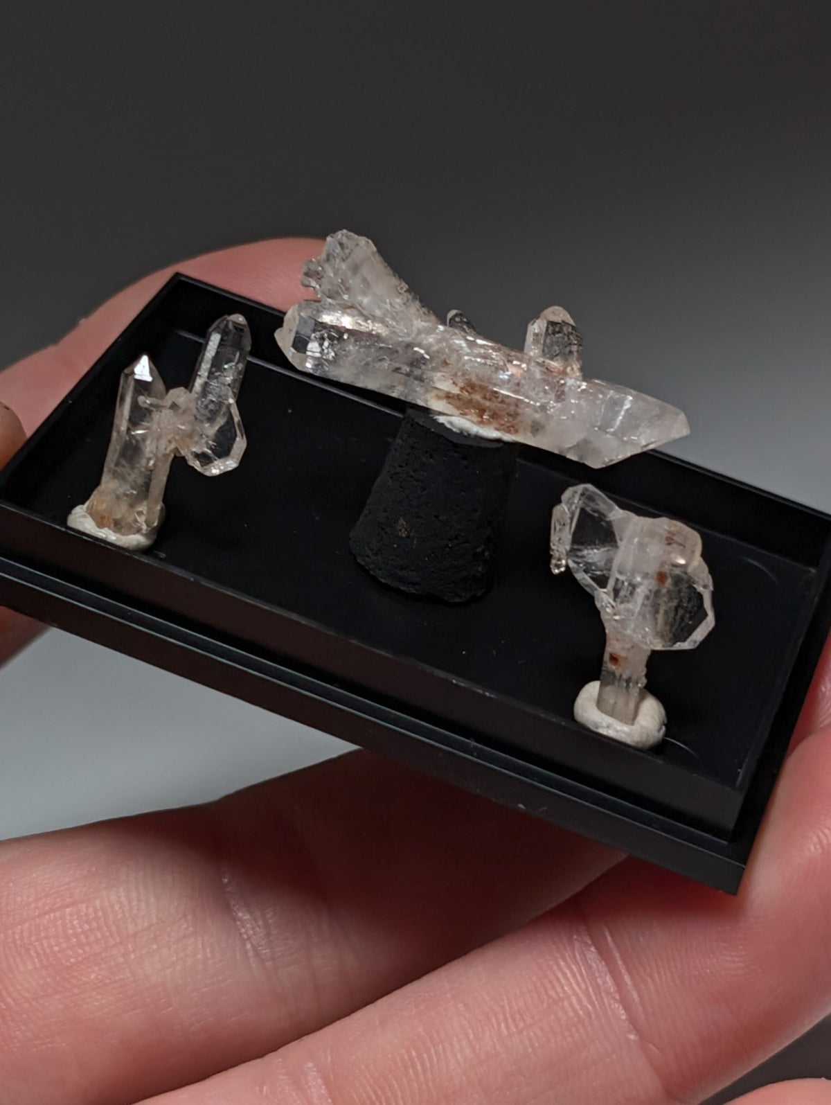 Set of 3 Faden Quartz Crystals, w/ photo case/mount, Montgomery County, Arkansas