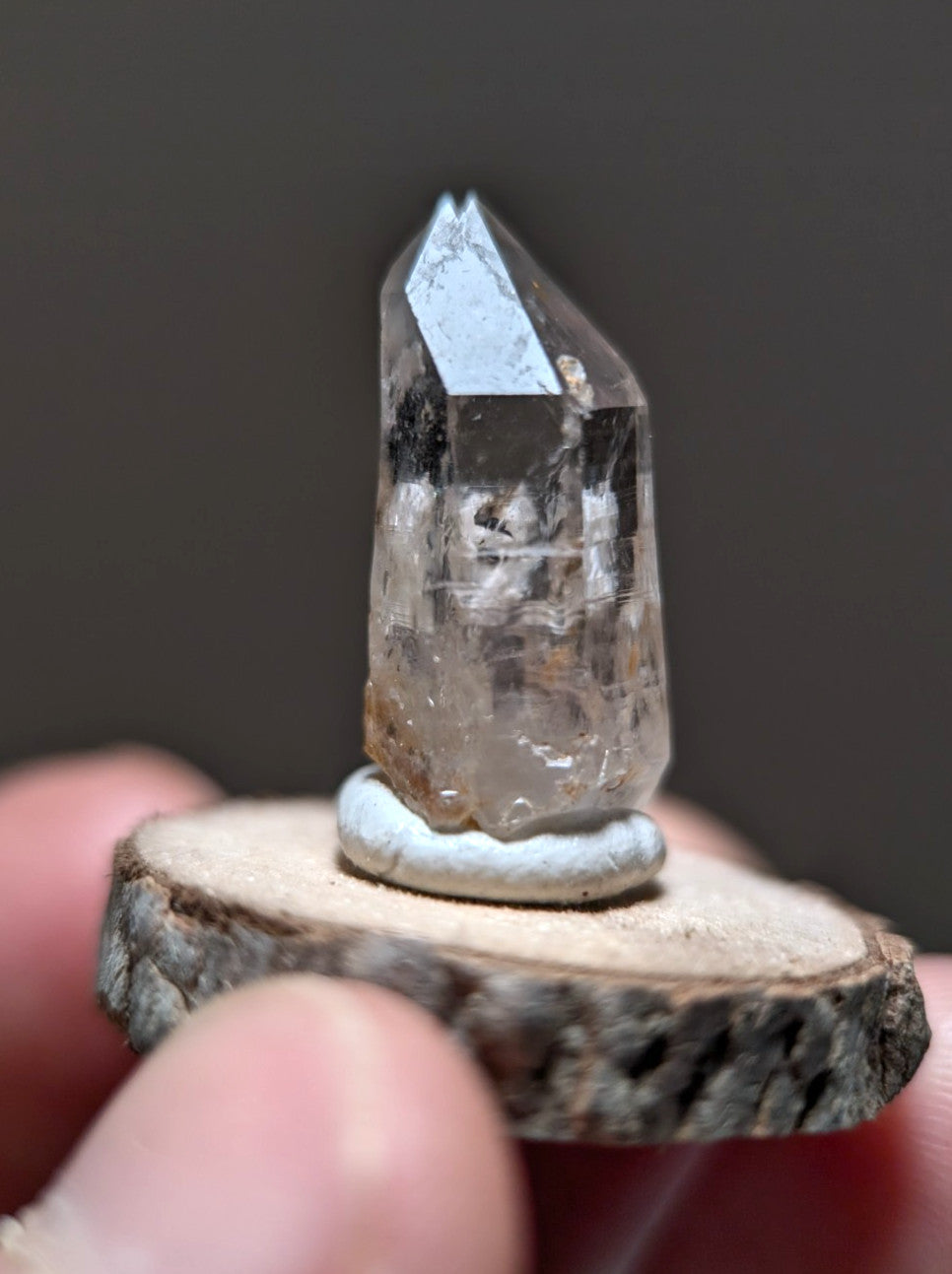 Nacrite + Manganese included Quartz Crystal Point, Arkansas, w/ wood base