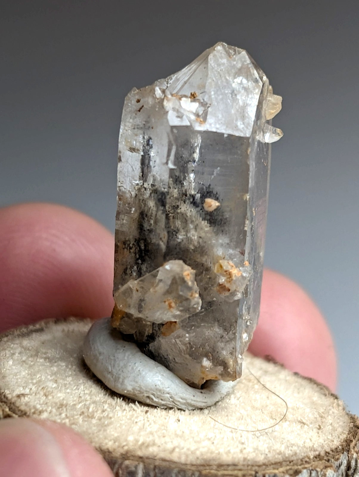Nacrite + Manganese included Quartz Crystal Point, Arkansas, w/ wood base