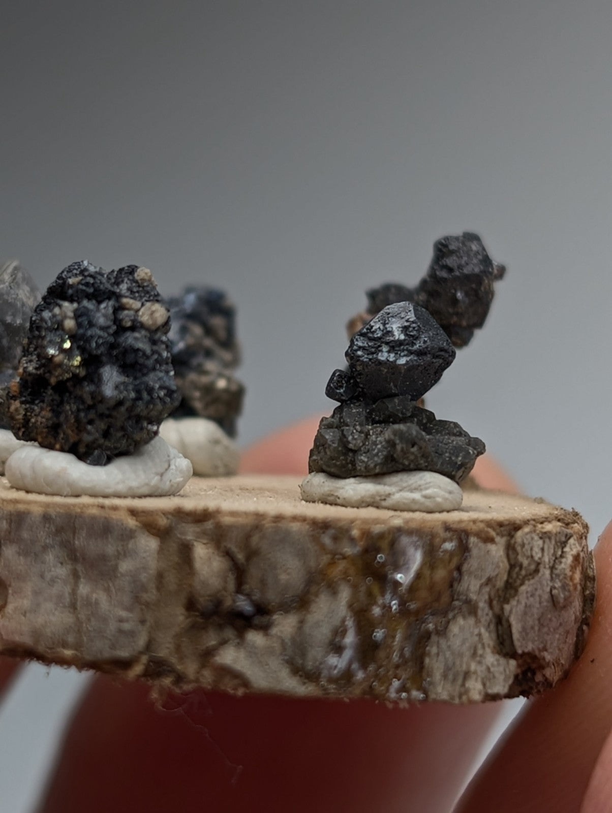 Set of 5 Brookite + Smoky Quartz, Magnet Cove, Arkansas, Old Stock, + wood stand