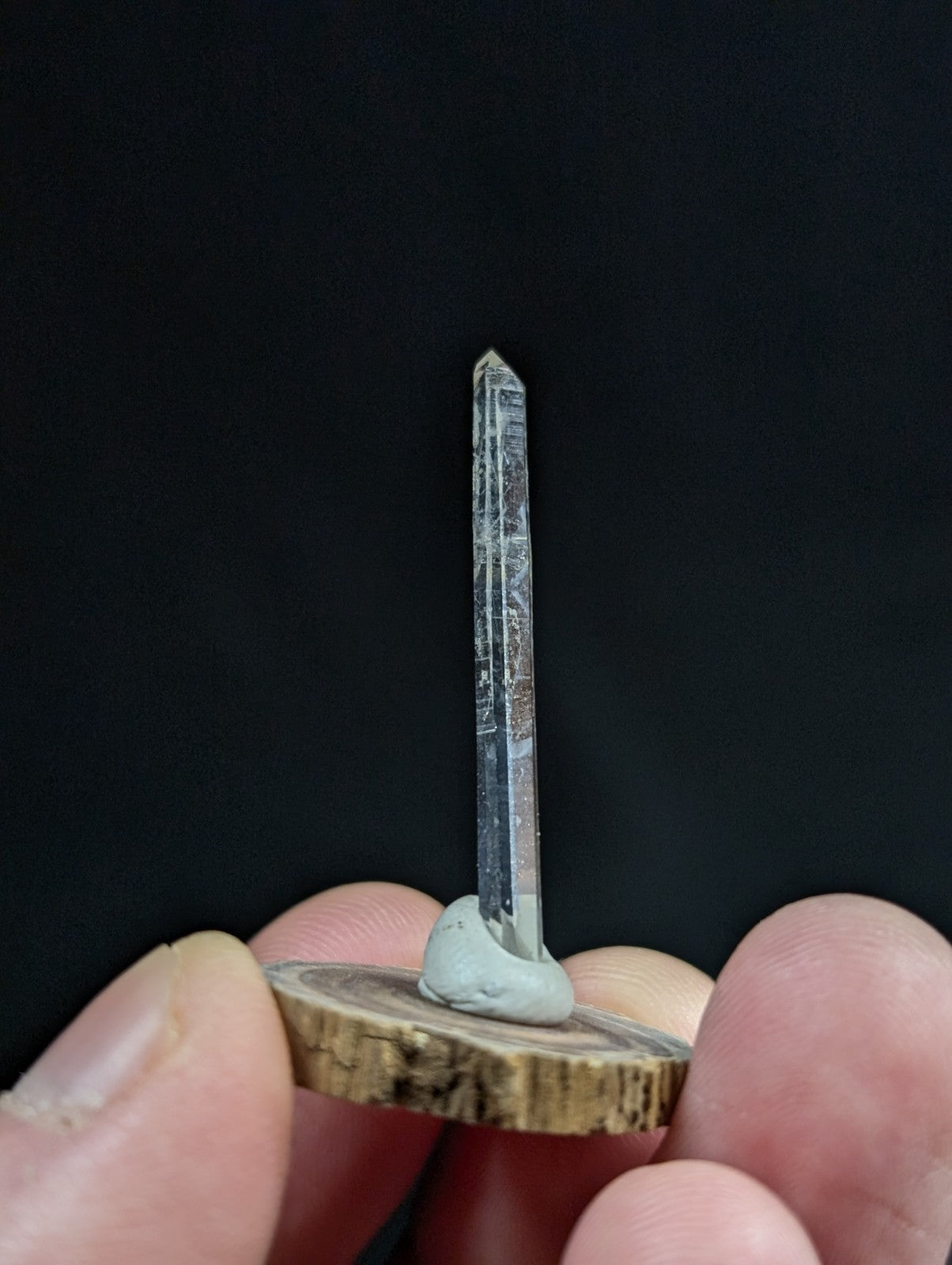 Needle Quartz Crystal Point, Old Stock,Montgomery County, Arkansas, w/ wood base