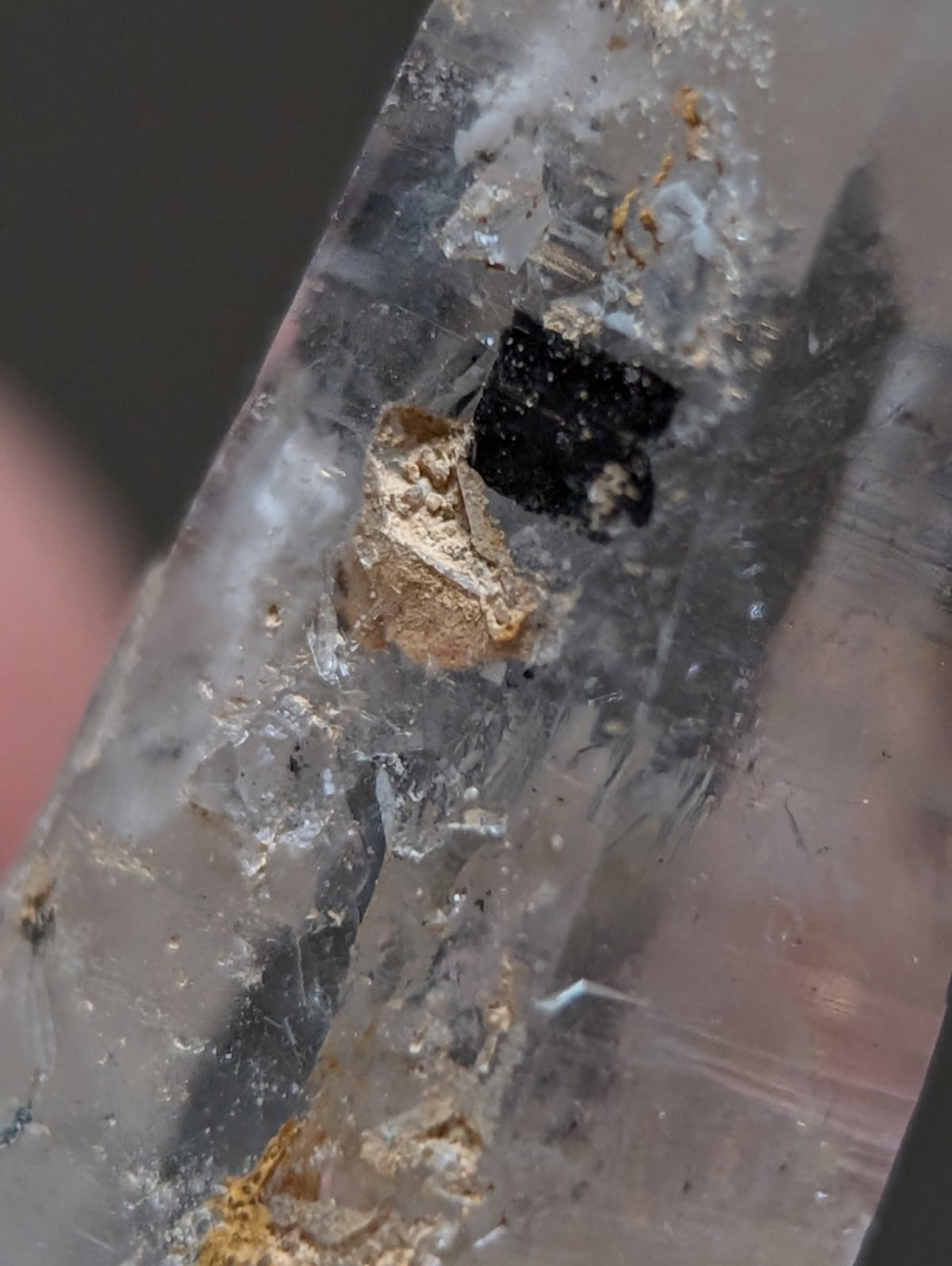 Nacrite + Manganese included Quartz Crystal Point, Arkansas, w/ wood base