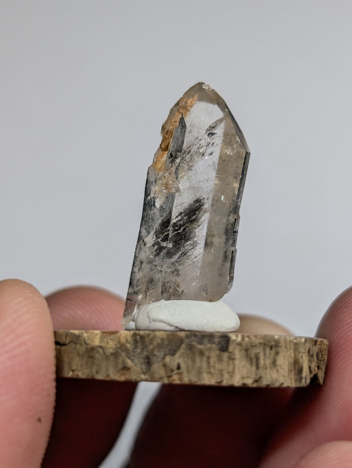 Nacrite + Manganese included Quartz Crystal Point, Arkansas, w/ wood base