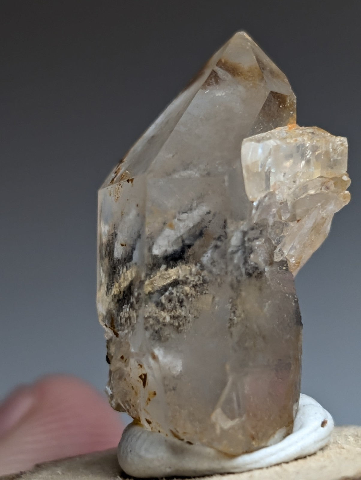 Nacrite + Manganese included Quartz Crystal Point, Arkansas, w/ wood base