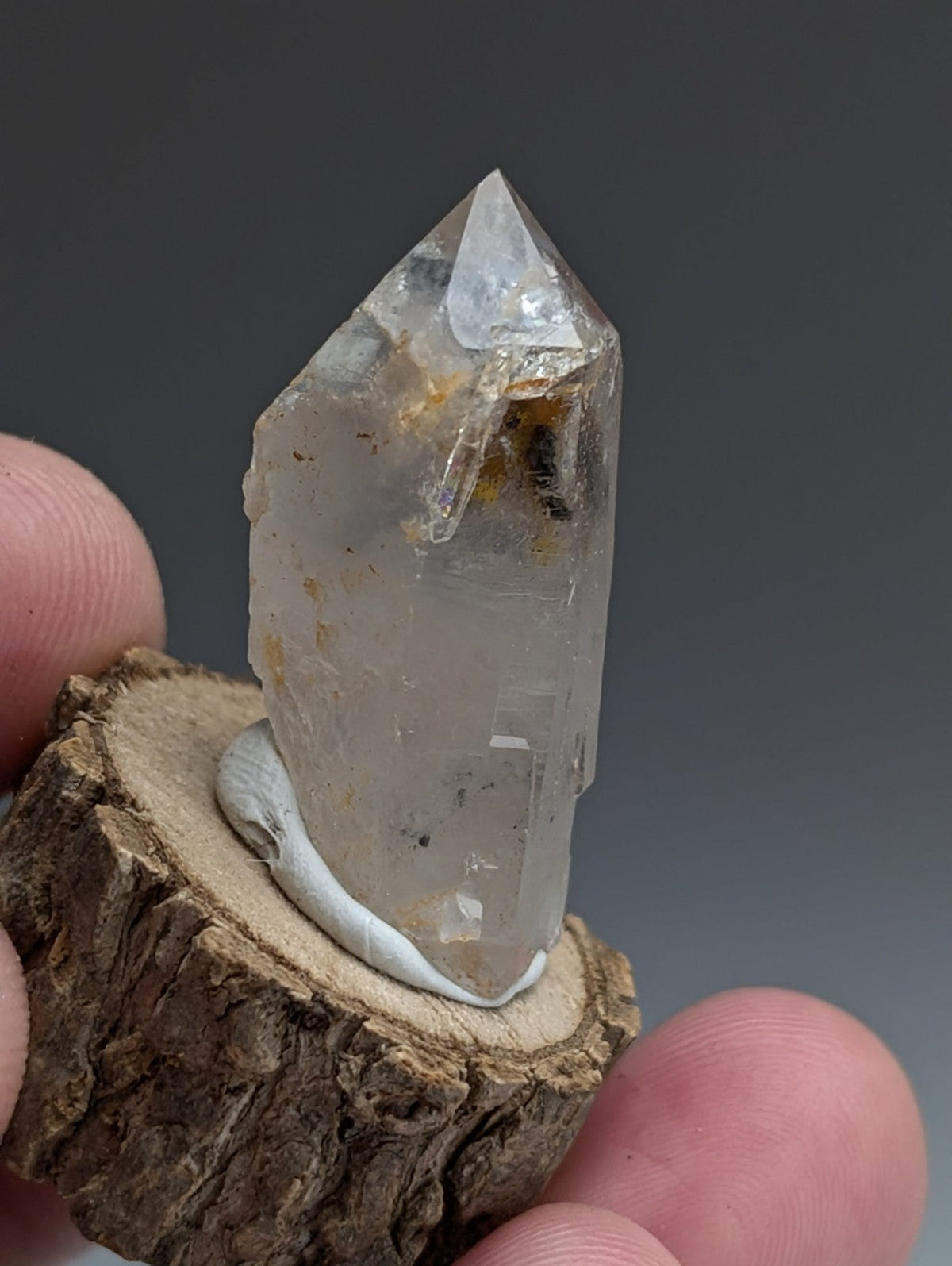 A+ Unique Quartz, Old Stock, Montgomery County, Arkansas, w/ natural wood base