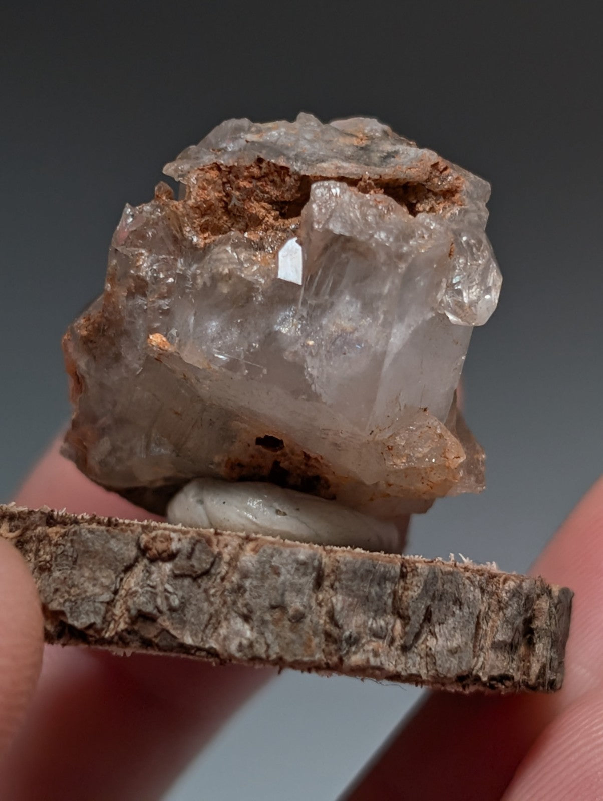 Nacrite + Manganese included Quartz Crystal Point, Arkansas, w/ wood base