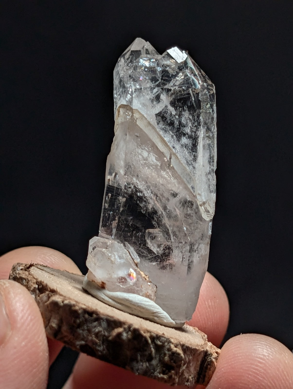 A+ Unique Quartz, Old Stock, Montgomery County, Arkansas, w/ natural wood base