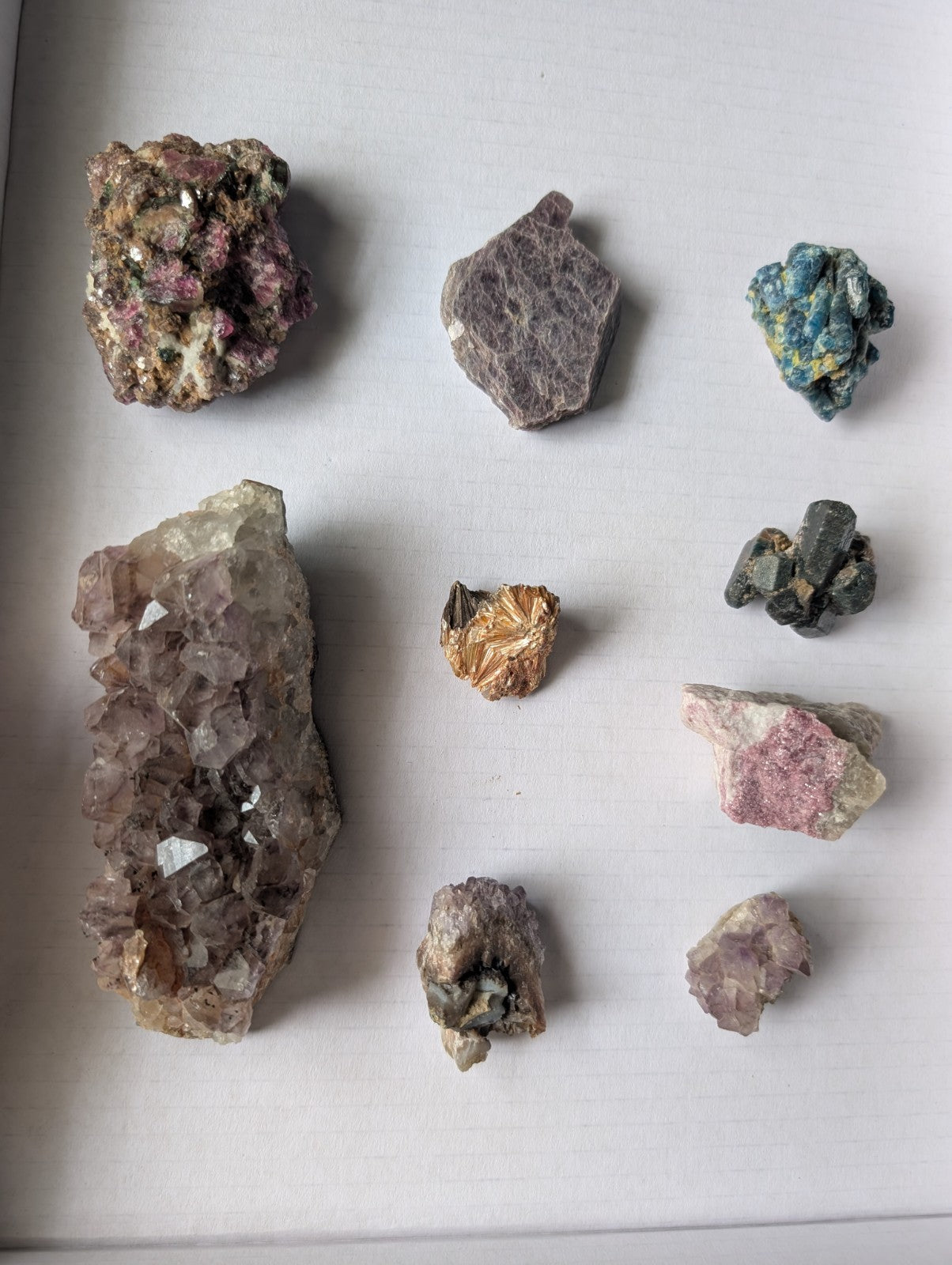 Amethyst, Tourmaline, Apatite, Pyrophyllite, Lepidolite, Flat of 9 OOAK Minerals