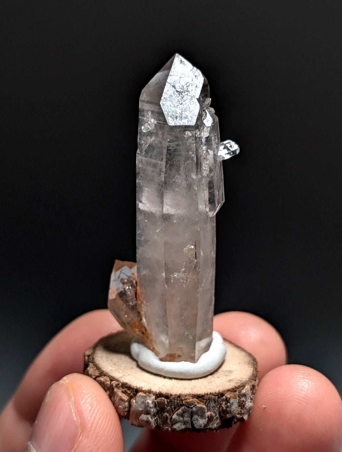 A+ Quartz Crystal Point, Montgomery County, Arkansas, w/ natural wood base