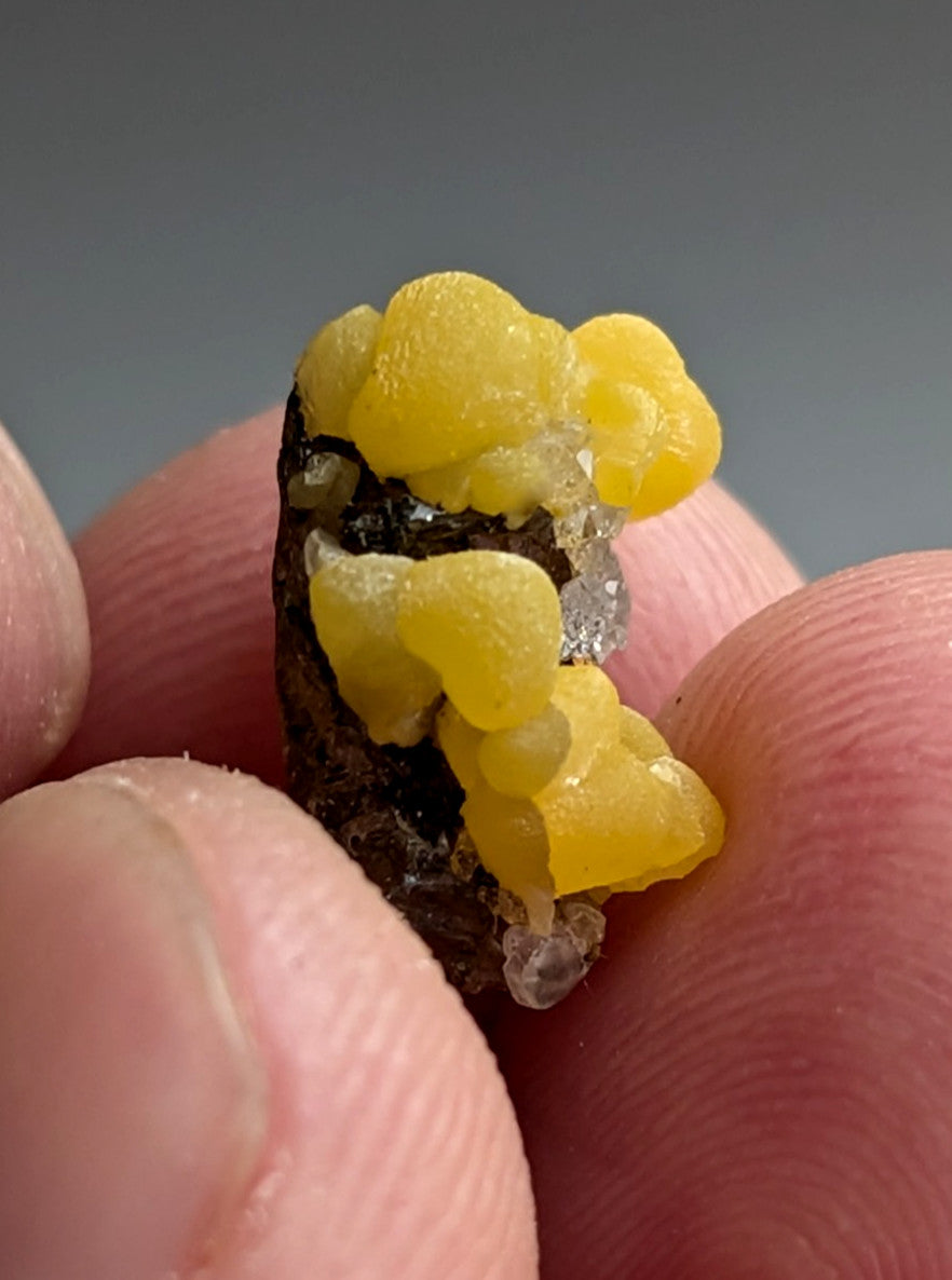 Greenockite included Smithsonite on Quartz/Sphalerite, Rush, Marion Co, Arkansas