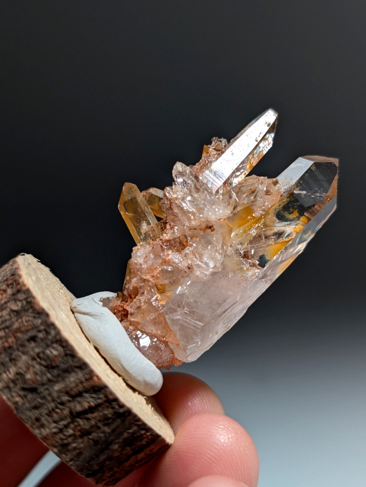 A+ Clear Quartz Crystal Cluster, Garland County, Arkansas, w/ natural wood base