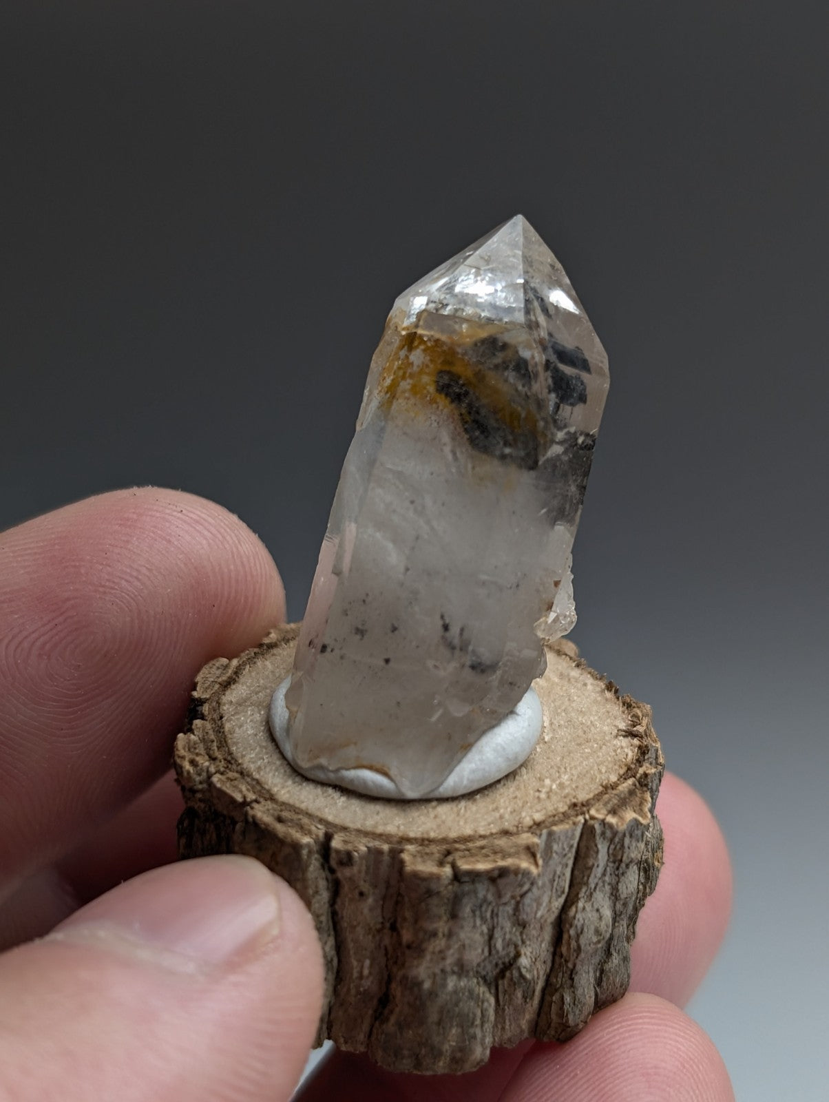 A+ Unique Quartz, Old Stock, Montgomery County, Arkansas, w/ natural wood base