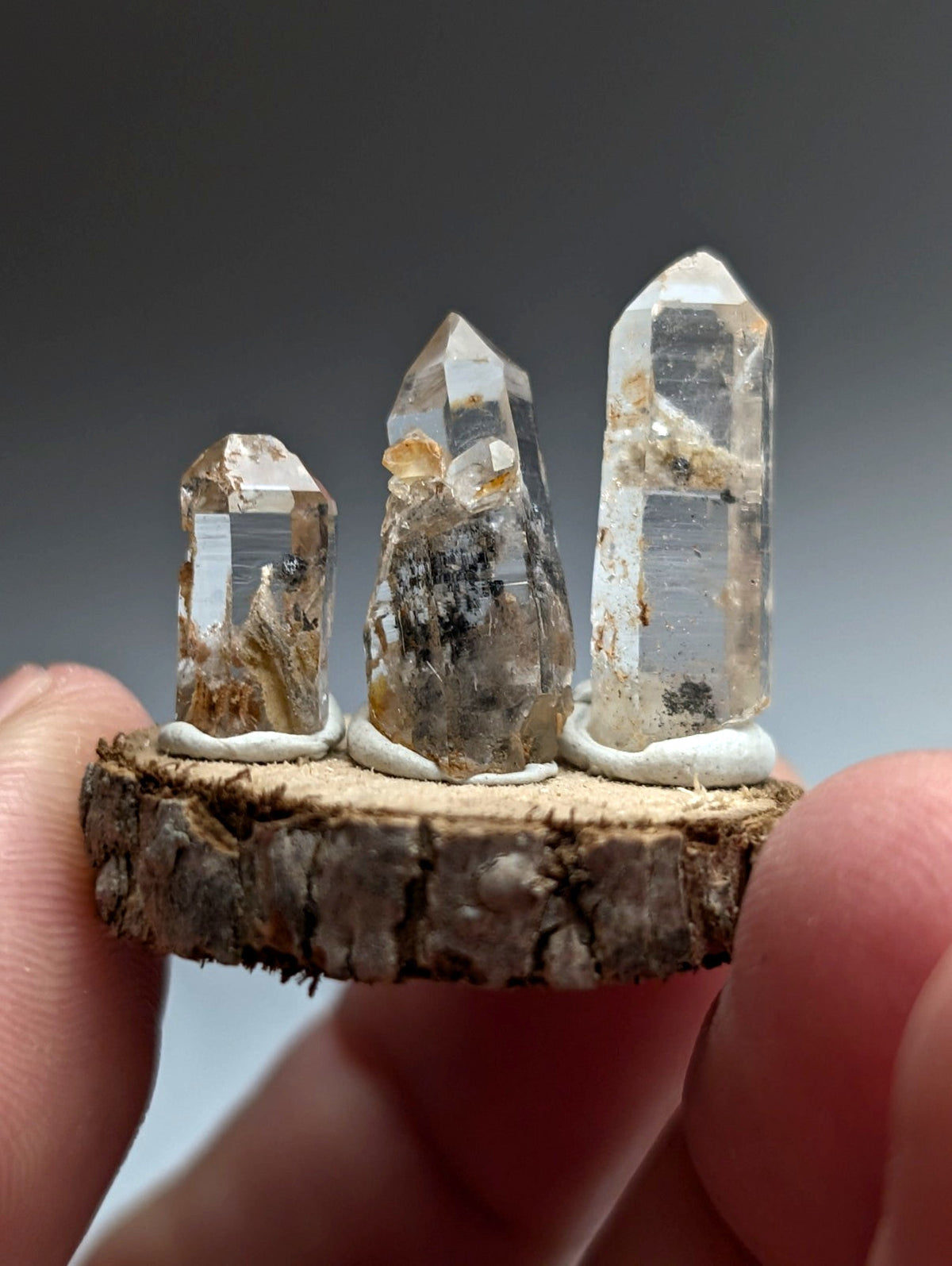 Nacrite + Manganese included Quartz Crystal Points, Arkansas, Set of 3, w/ base