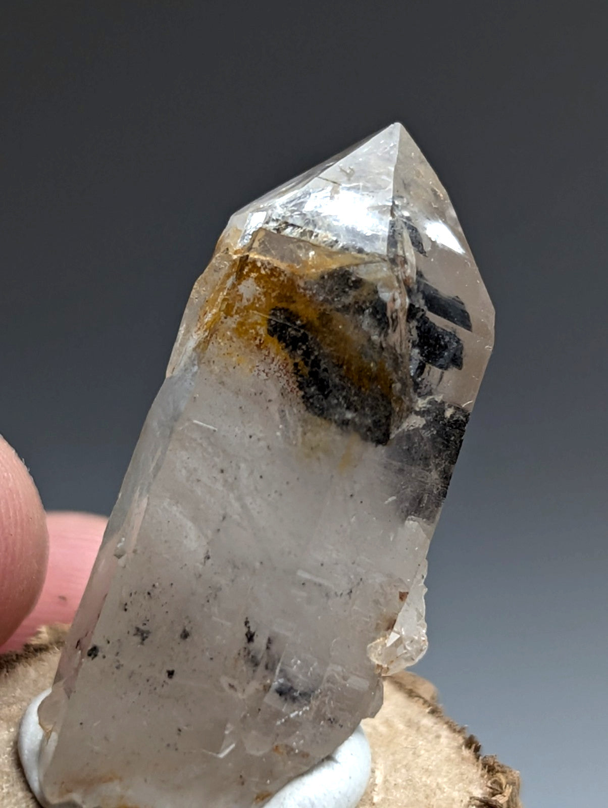 A+ Unique Quartz, Old Stock, Montgomery County, Arkansas, w/ natural wood base