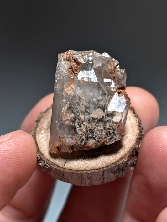 Nacrite + Manganese included Quartz Crystal Point, Arkansas, w/ wood base
