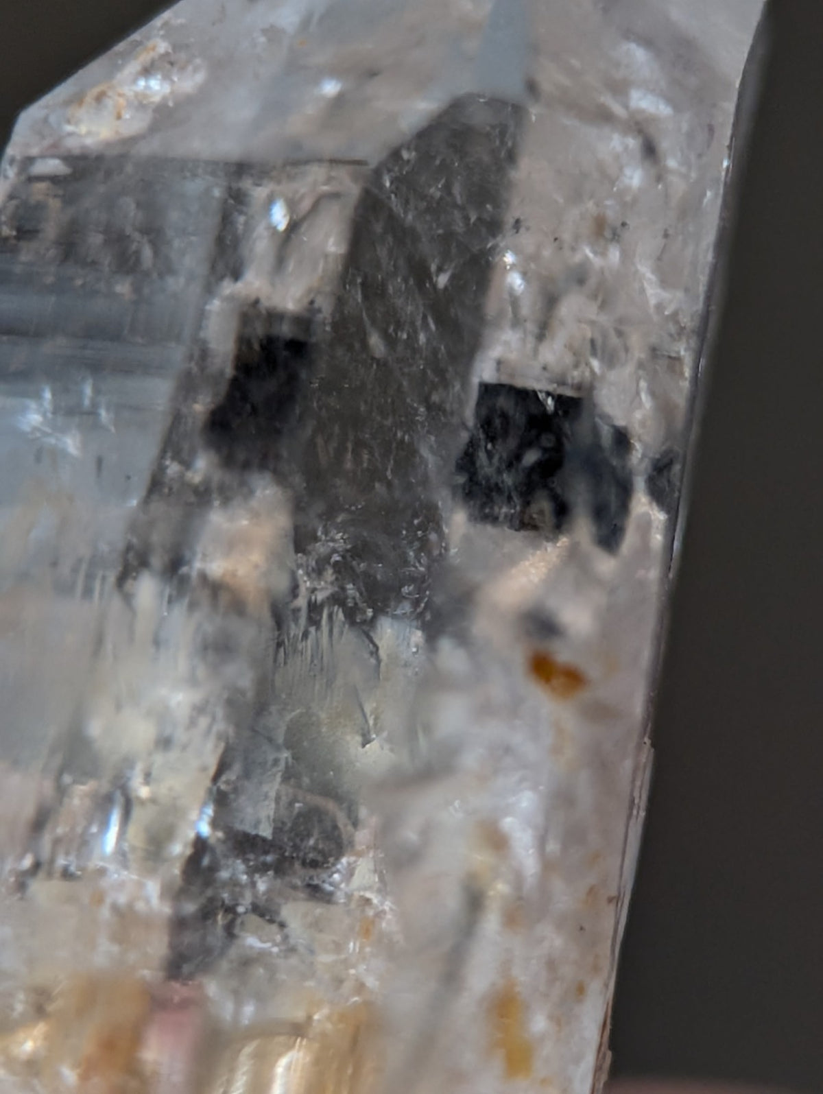 Nacrite + Manganese included Quartz Crystal Point, Arkansas, w/ wood base
