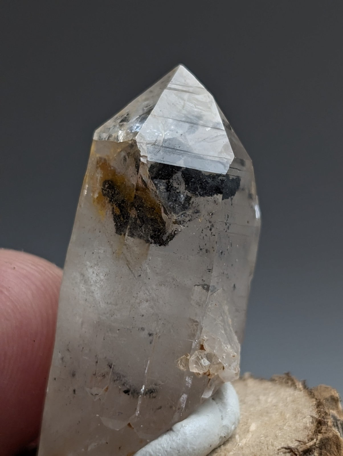 A+ Unique Quartz, Old Stock, Montgomery County, Arkansas, w/ natural wood base
