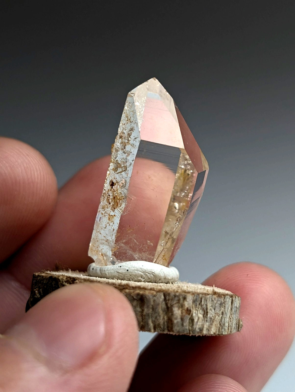 Optical Quartz Crystal Point, Montgomery County, Arkansas, USA, w/ wood mount