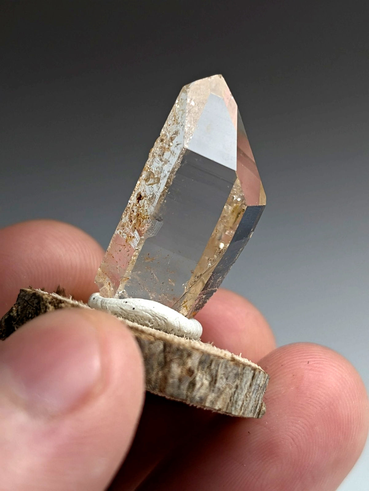 Optical Quartz Crystal Point, Montgomery County, Arkansas, USA, w/ wood mount