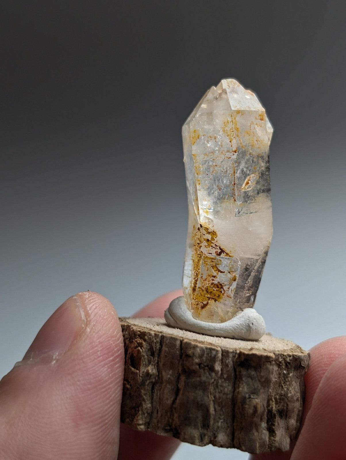 Curved Quartz, Old Stock, Montgomery County, Arkansas, w/ natural wood base