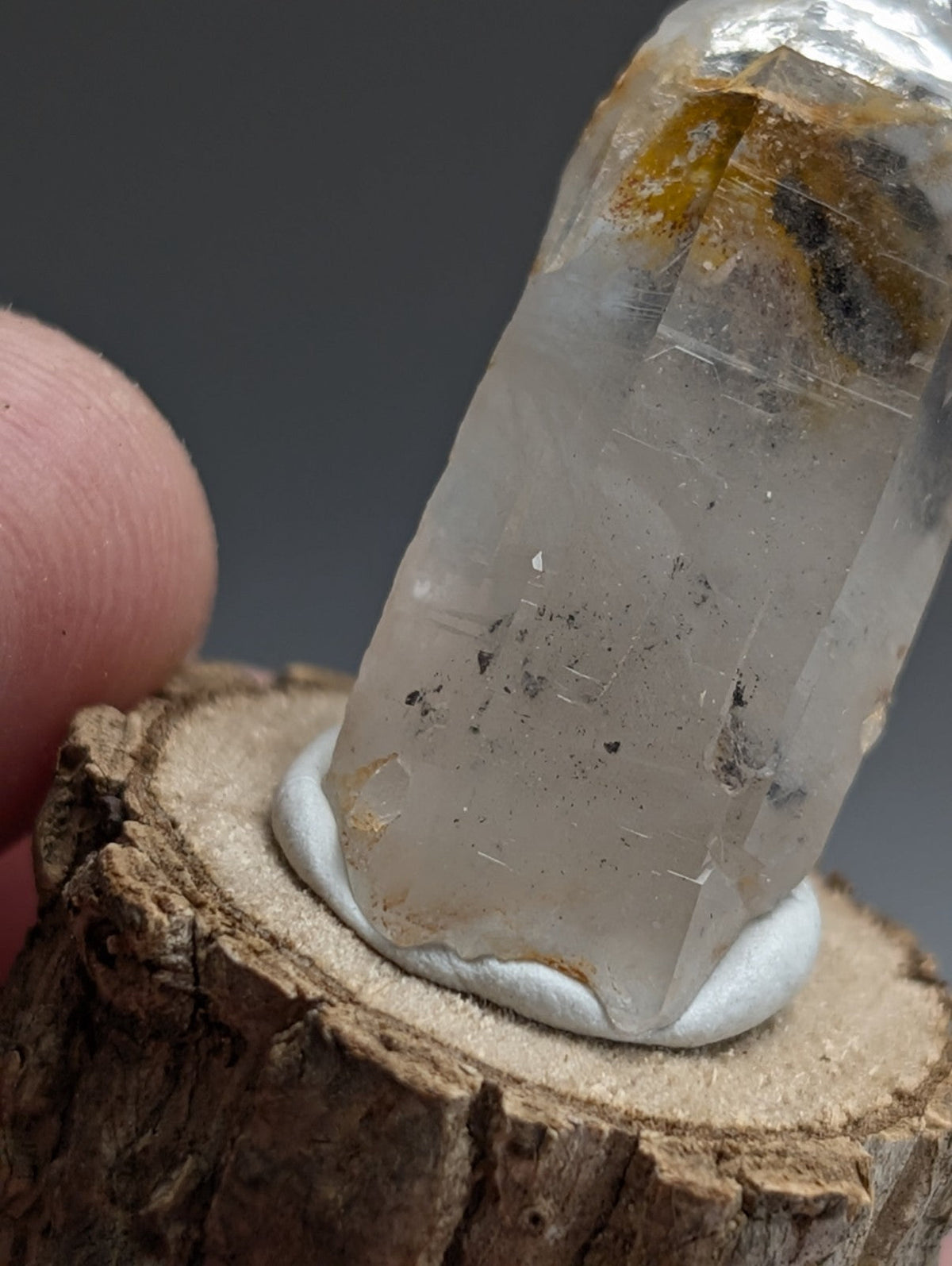 A+ Unique Quartz, Old Stock, Montgomery County, Arkansas, w/ natural wood base