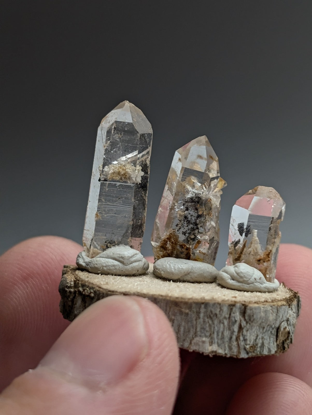 Nacrite + Manganese included Quartz Crystal Points, Arkansas, Set of 3, w/ base