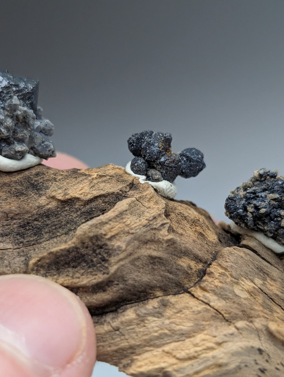 Set of 4 Brookite + Smoky Quartz, Magnet Cove, Arkansas, Old Stock, + wood stand