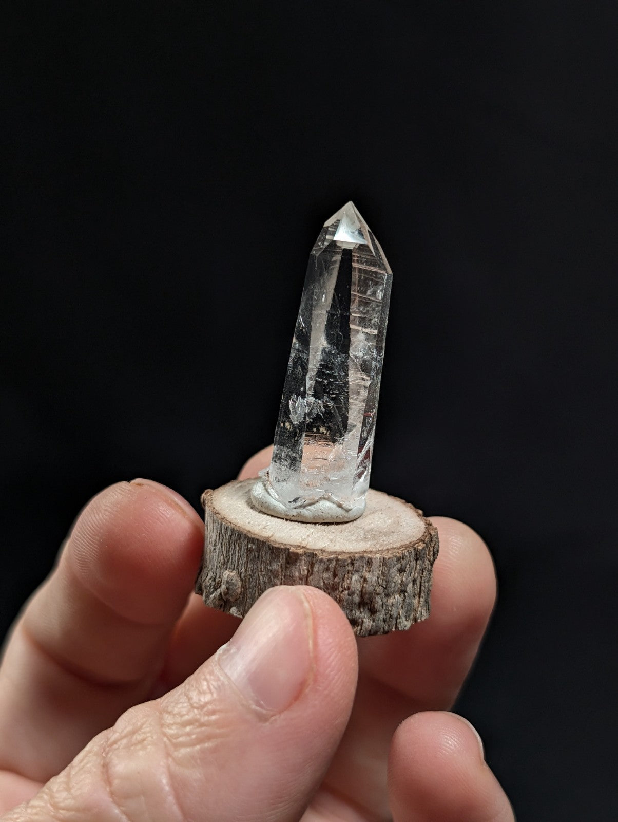 A+ Clear Quartz, Old Stock, Montgomery County, Arkansas, w/ natural wood base