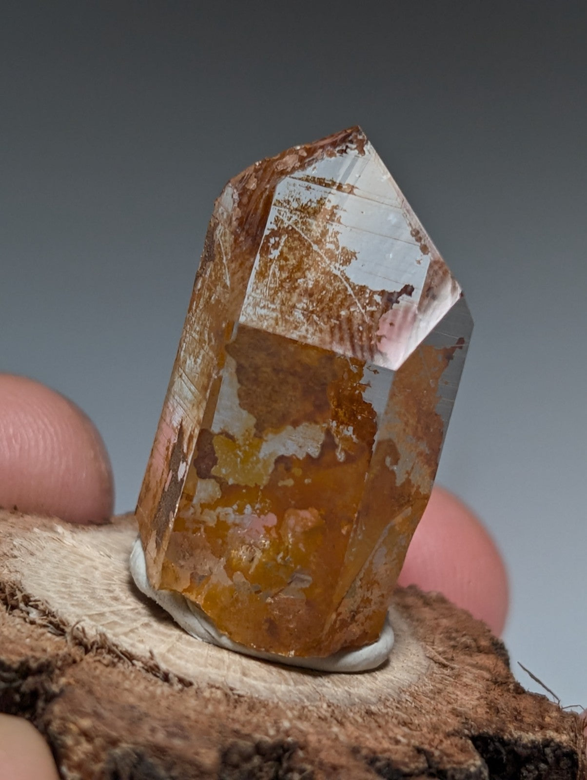 A+ Optical Quartz, Old Stock, Montgomery County, Arkansas, w/ natural wood base