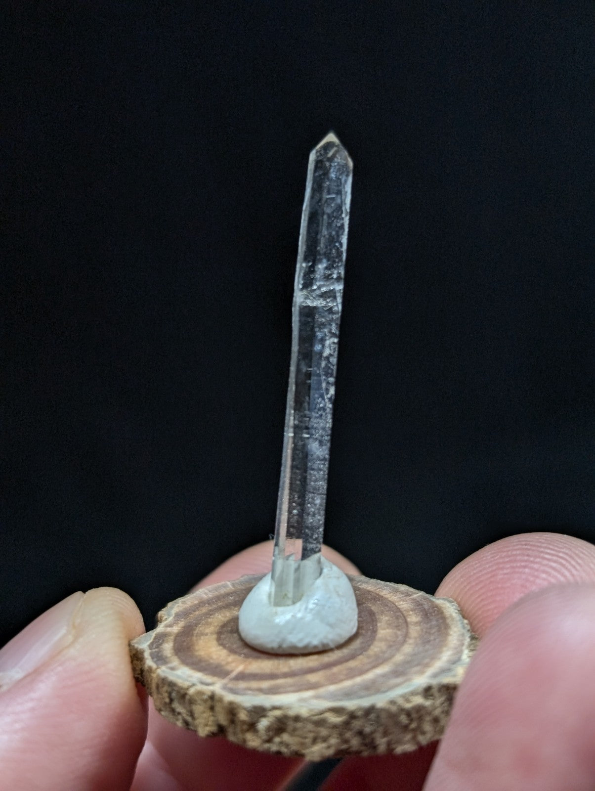 Needle Quartz Crystal Point, Old Stock,Montgomery County, Arkansas, w/ wood base