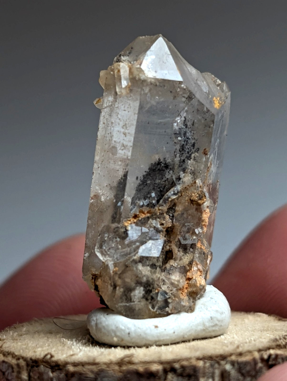 Nacrite + Manganese included Quartz Crystal Point, Arkansas, w/ wood base