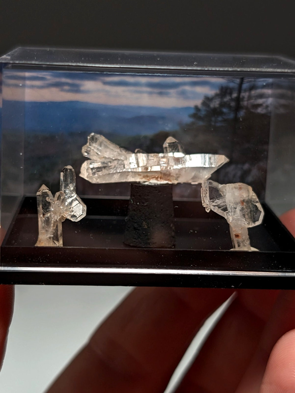 Set of 3 Faden Quartz Crystals, w/ photo case/mount, Montgomery County, Arkansas