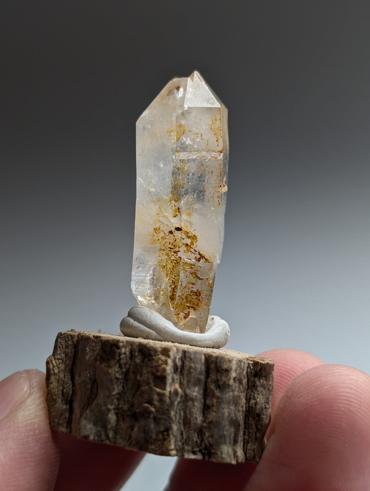 Curved Quartz, Old Stock, Montgomery County, Arkansas, w/ natural wood base