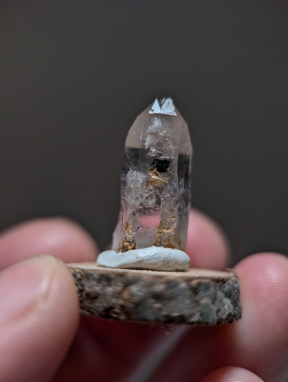 Nacrite + Manganese included Quartz Crystal Point, Arkansas, w/ wood base