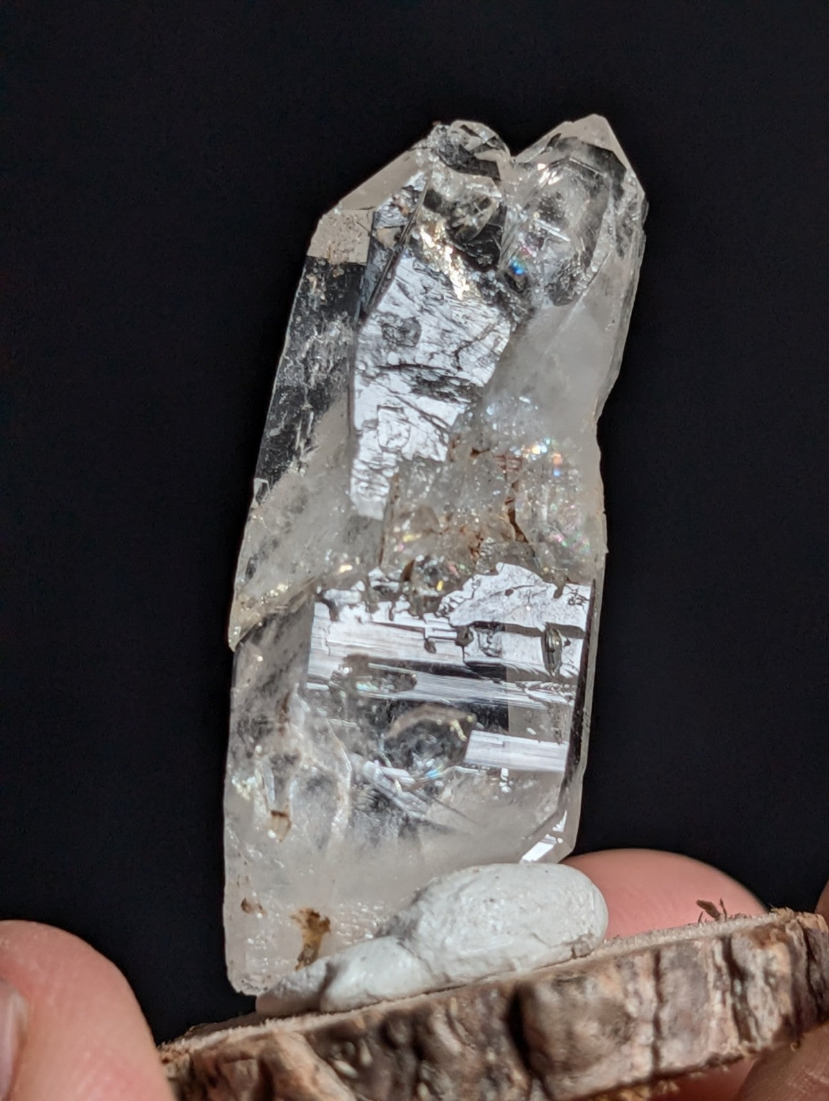A+ Unique Quartz, Old Stock, Montgomery County, Arkansas, w/ natural wood base