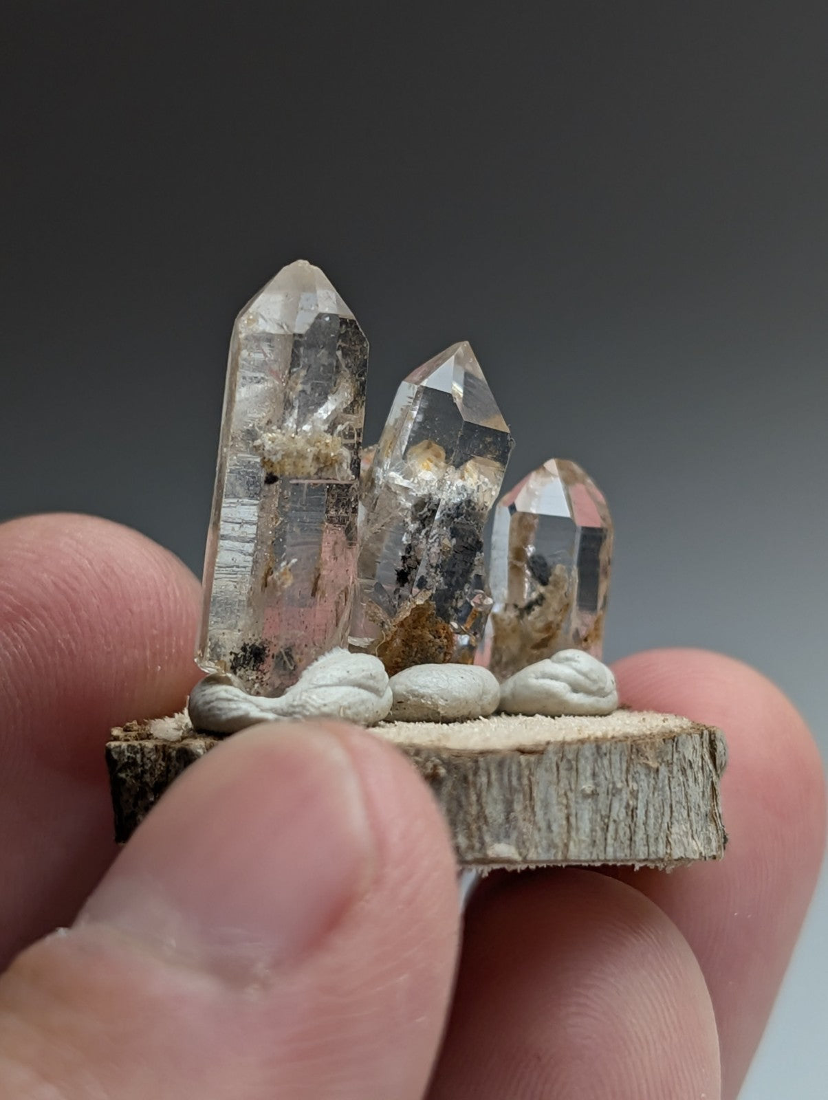 Nacrite + Manganese included Quartz Crystal Points, Arkansas, Set of 3, w/ base