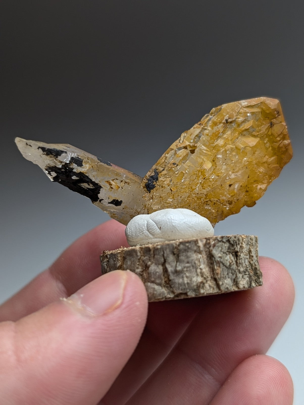 A+ Unique Quartz, Old Stock, Montgomery County, Arkansas, w/ natural wood base